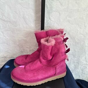 UGG Pink Suede Winter Boots with Shearling Trim